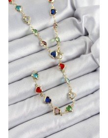 Pirinç Gold Renk Karışık Renk Zirkon Taşlı Kalpli Y Kadın Kolye