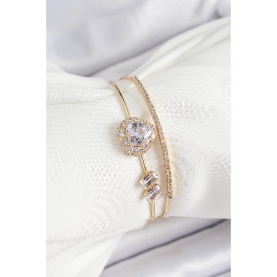 Pirinç Gold Renk Kalpli Zirkon Taşlı Kadın Bileklik