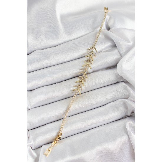 Pirinç Gold Renk Zirkon Taşlı Balık Sırtı Kadın Bileklik