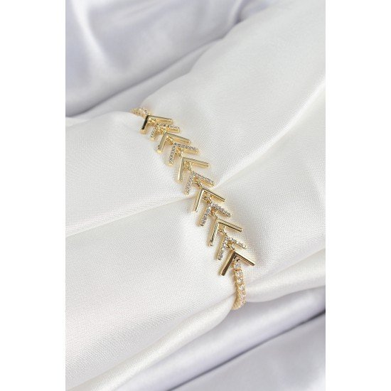 Pirinç Gold Renk Zirkon Taşlı Balık Sırtı Kadın Bileklik