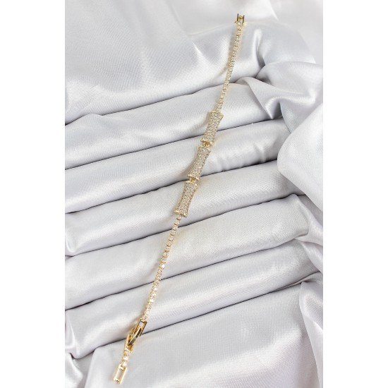 Pirinç Gold Renk Zirkon Taşlı Kemik Model Kadın Bileklik