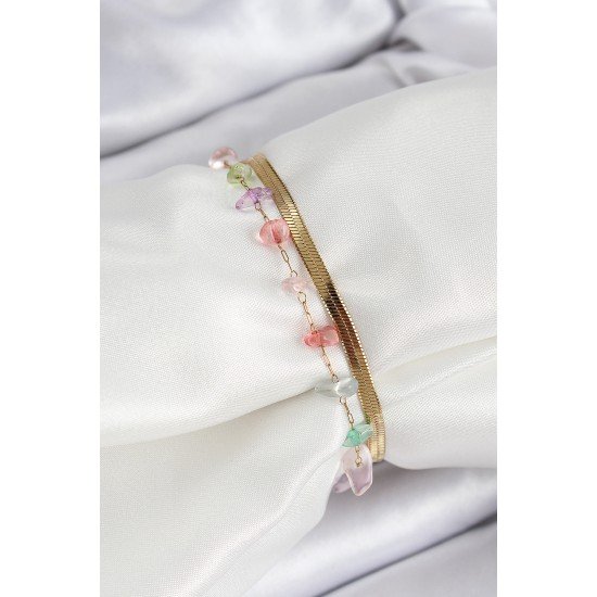 316L Çelik Gold Renk Kristal Karışık Renkli Taşlı Kadın Bileklik