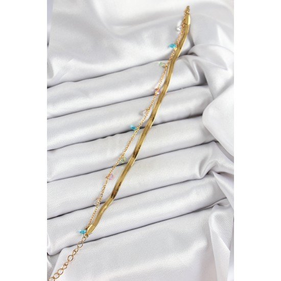 316L Çelik Gold Renk Karışık Renkli Kristal Taşlı 2'li Kadın Bileklik