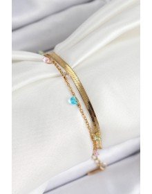 316L Çelik Gold Renk Karışık Renkli Kristal Taşlı 2'li Kadın Bileklik