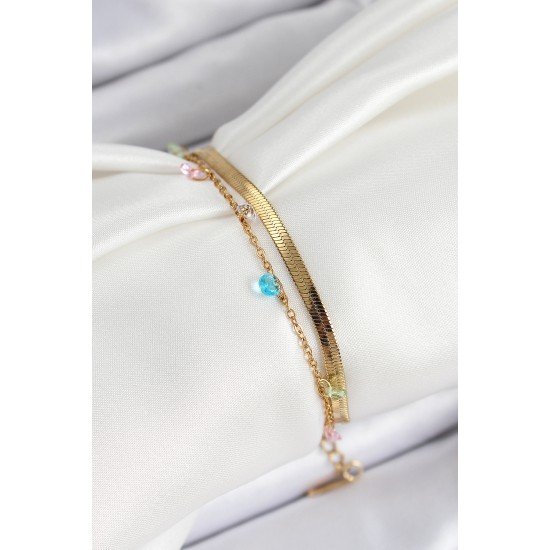 316L Çelik Gold Renk Karışık Renkli Kristal Taşlı 2'li Kadın Bileklik