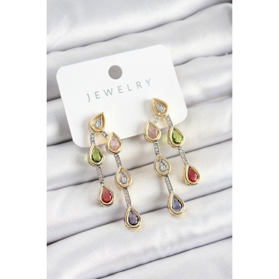 Pirinç Çoklu Damla Model Karşık Zirkon Taşlı Gold Ve Gümüş Renk Kadın Küpe