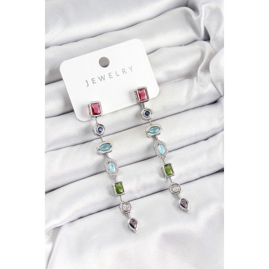 Pirinç Renkli Zirkon Taşlı Sallantılı Model Gümüş Renk Kadın Küpe