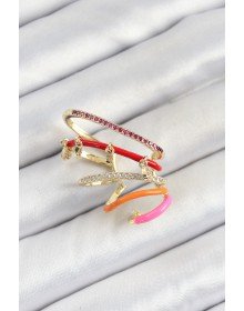 Pirinç Zirkon Taşlı Kırmızı Turuncu Pembe Sıkıştırma Sağ Kıkırdak Gold Renk Kadın Küpe