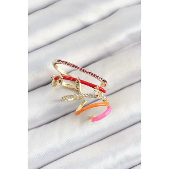 Pirinç Zirkon Taşlı Kırmızı Turuncu Pembe Sıkıştırma Sağ Kıkırdak Gold Renk Kadın Küpe