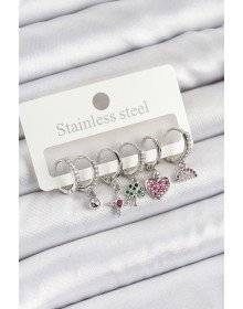 Pirinç Zirkon Taşlı Karpuz Yonca Kalp Pusula Karışık Model Gümüş Renk 6'lı Set Kadın Küpe