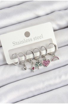 Pirinç Zirkon Taşlı Karpuz Yonca Kalp Pusula Karışık Model Gümüş Renk 6'lı Set Kadın Küpe Pirinç Zirkon Taşlı Karpuz Yonca Kalp Pusula Karışık Model Gümüş Renk 6'lı Set Kadın Küpe