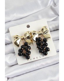 Pirinç Sallantılı Siyah Boncuklu Fiyonk Vintage Model Gold Renk Kadın Küpe