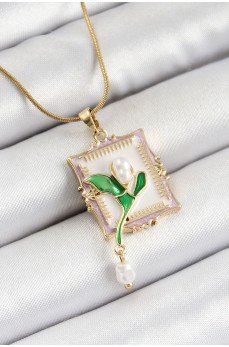 316L Çelik Zincir Beyaz Sanatsal Portre Sallantılı İnci Detaylı Lale Model Gold Renk Kadın Kolye