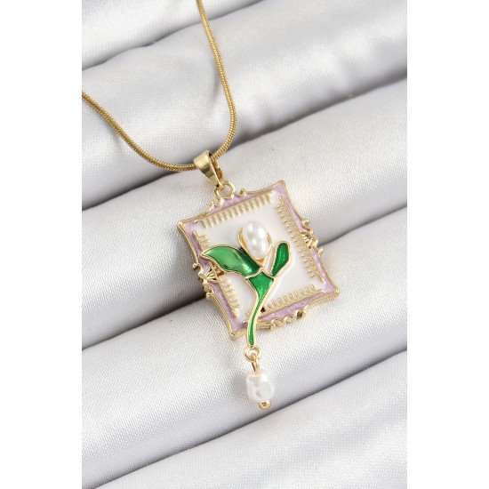 316L Çelik Zincir Beyaz Sanatsal Portre Sallantılı İnci Detaylı Lale Model Gold Renk Kadın Kolye