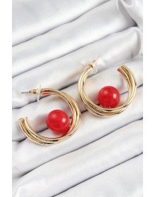 Pirinç Gold Renk Halka Model Kırmızı Boncuk Detay Kadın Küpe