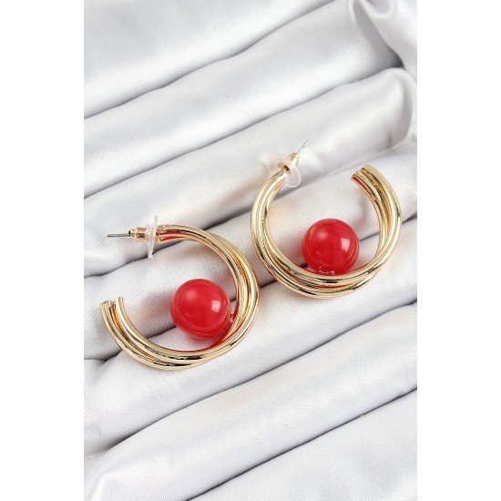 Pirinç Gold Renk Halka Model Kırmızı Boncuk Detay Kadın Küpe