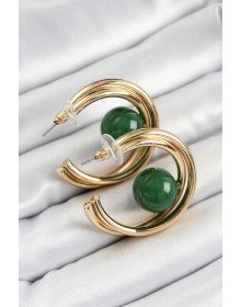 Pirinç Gold Renk Halka Model Yeşil Boncuk Detay Kadın Küpe