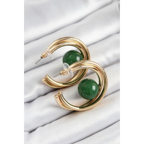 Pirinç Gold Renk Halka Model Yeşil Boncuk Detay Kadın Küpe