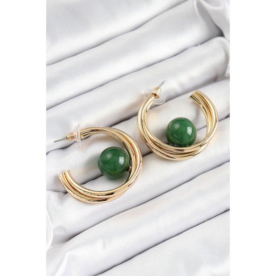 Pirinç Gold Renk Halka Model Yeşil Boncuk Detay Kadın Küpe