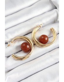 Pirinç Gold Renk Halka Model Kahverengi Boncuk Detay Kadın Küpe