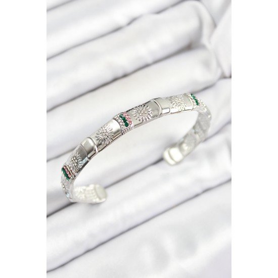 Pirinç Karışık Zirkon Taşlı Çiçek Model Gümüş Renk Altı Açık Kadın Bileklik Pirinç Karışık Zirkon Taşlı Çiçek Model Gümüş Renk Altı Açık Kadın Bileklik