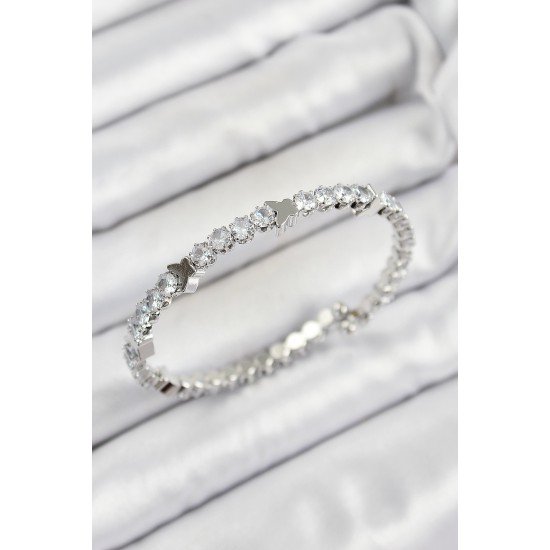 Pirinç Zirkon Taşlı Kalp Model Gümüş Renk Yaylı Kadın Bileklik