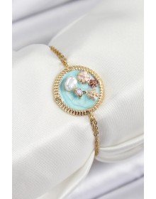 316L Çelik Zincir Turkuaz Mineli Sanatsal Portre İnci Detaylı Çiçek Model Gold Renk Kadın Bileklik