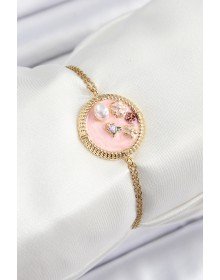 316L Çelik Zincir Pembe Mineli Sanatsal Portre İnci Detaylı Çiçek Model Gold Renk Kadın Bileklik