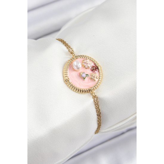 316L Çelik Zincir Pembe Mineli Sanatsal Portre İnci Detaylı Çiçek Model Gold Renk Kadın Bileklik 316L Çelik Zincir Pembe Mineli Sanatsal Portre İnci Detaylı Çiçek Model Gold Renk Kadın Bileklik