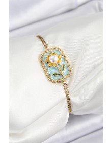 316L Çelik Zincir Turkuaz Mineli Sanatsal Portre İnci Detaylı Papatya Model Gold Renk Kadın Bileklik