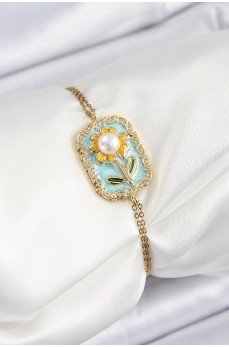 316L Çelik Zincir Turkuaz Mineli Sanatsal Portre İnci Detaylı Papatya Model Gold Renk Kadın Bileklik