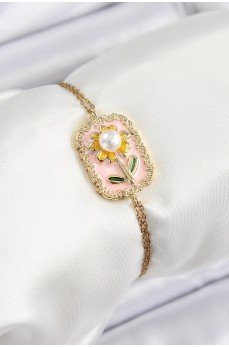 316L Çelik Zincir Pembe Mineli Sanatsal Portre İnci Detaylı Papatya Model Gold Renk Kadın Bileklik