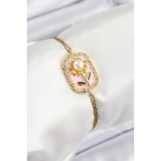 316L Çelik Zincir Pembe Mineli Sanatsal Portre İnci Detaylı Papatya Model Gold Renk Kadın Bileklik