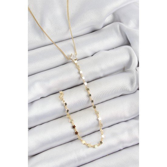 Pirinç Zirkon Taşlı Yıldız Figürlü Y Model Gold Renk Kadın Kolye