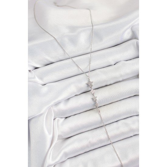 Pirinç Zirkon Taşlı Sıralı Yıldız Figürlü Y Model Gümüş Renk Kadın Kolye Pirinç Zirkon Taşlı Sıralı Yıldız Figürlü Y Model Gümüş Renk Kadın Kolye