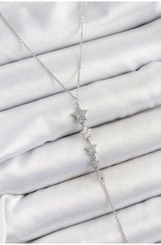 Pirinç Zirkon Taşlı Sıralı Yıldız Figürlü Y Model Gümüş Renk Kadın Kolye