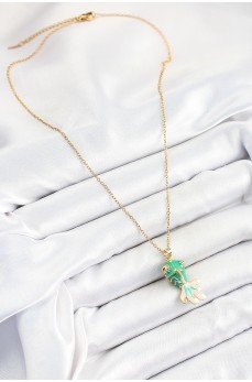 316L Çelik Zincir Yeşil Balık Model Gold Renk Kadın Kolye