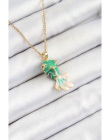 316L Çelik Zincir Yeşil Balık Model Gold Renk Kadın Kolye