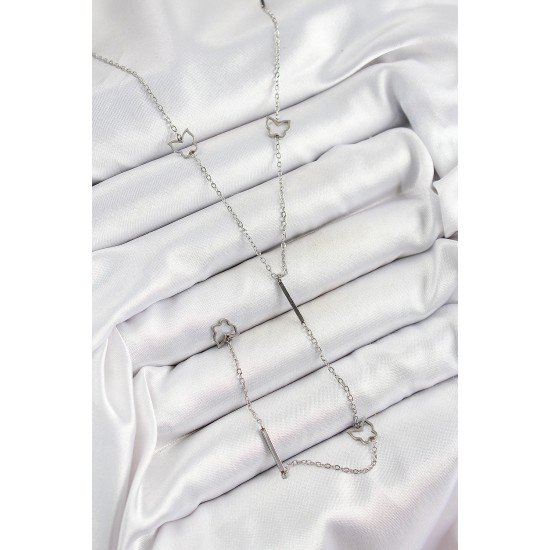 316L Çelik Kelebek Figürlü Y Model Gümüş Renk Kadın Kolye