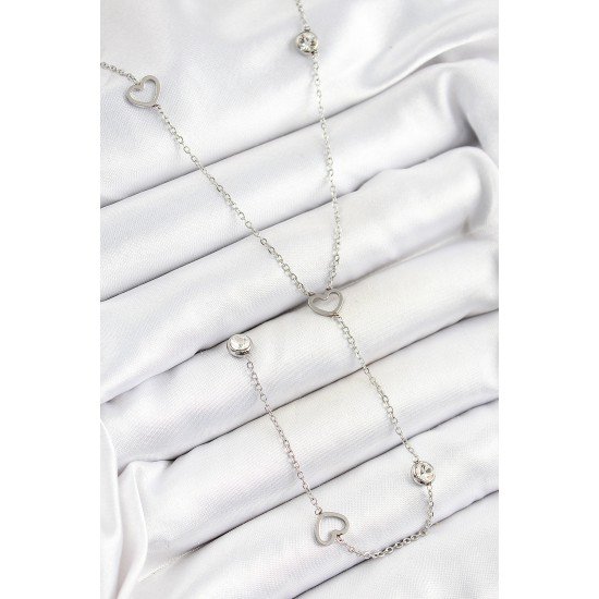 316L Çelik Zirkon Taşlı Kalp Figürlü Y Model Gümüş Renk Kadın Kolye