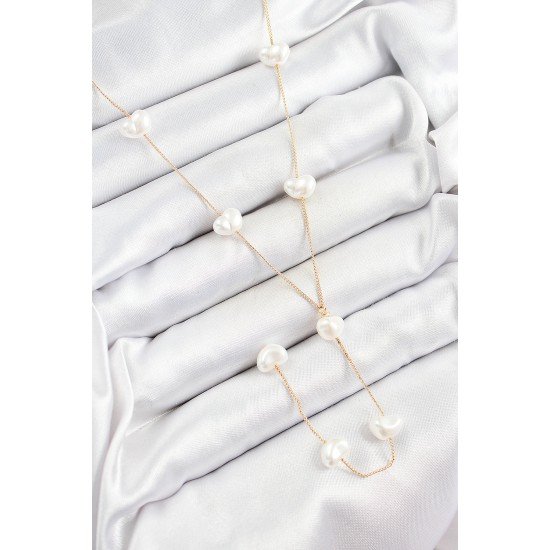 Pirinç İncili Kalp Figürlü Y Model Gold Renk Kadın Kolye