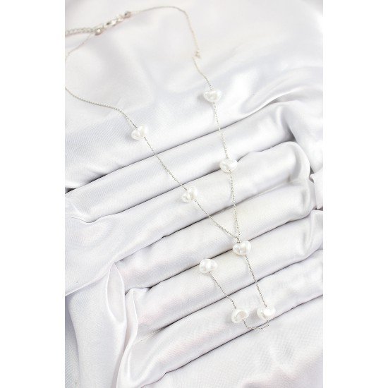 Pirinç İncili Kalp Figürlü Y Model Gümüş Renk Kadın Kolye