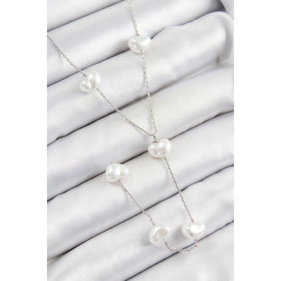 Pirinç İncili Kalp Figürlü Y Model Gümüş Renk Kadın Kolye