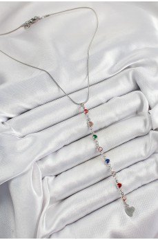 Pirinç Gümüş Renk Karışık Renk Zirkon Taşlı Kalpli Y Kadın Kolye