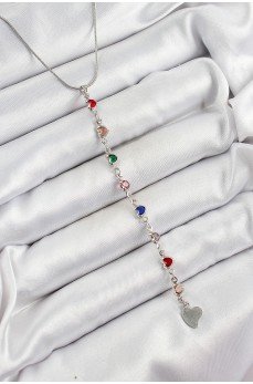 Pirinç Gümüş Renk Karışık Renk Zirkon Taşlı Kalpli Y Kadın Kolye