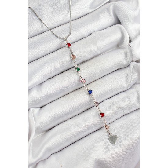 Pirinç Gümüş Renk Karışık Renk Zirkon Taşlı Kalpli Y Kadın Kolye