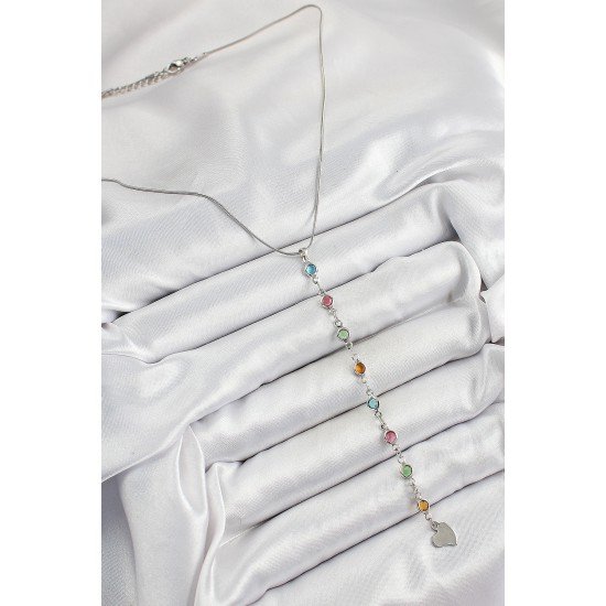 Pirinç Gümüş Renk Karışık Renk Zirkon Taşlı Y Kadın Kolye