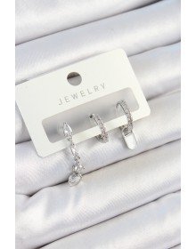Pirinç Zirkon Taşlı Sallantılı Model Gümüş Renk 3'lü Çift Kadın Küpe Set