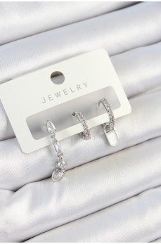 Pirinç Zirkon Taşlı Sallantılı Model Gümüş Renk 3'lü Çift Kadın Küpe Set