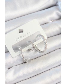 Pirinç Zirkon Taşlı Sallantılı Model Gümüş Renk 3'lü Çift Kadın Küpe Set